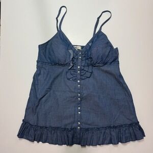 Women's L.e.i blue ruffle baby doll top with heart buttons